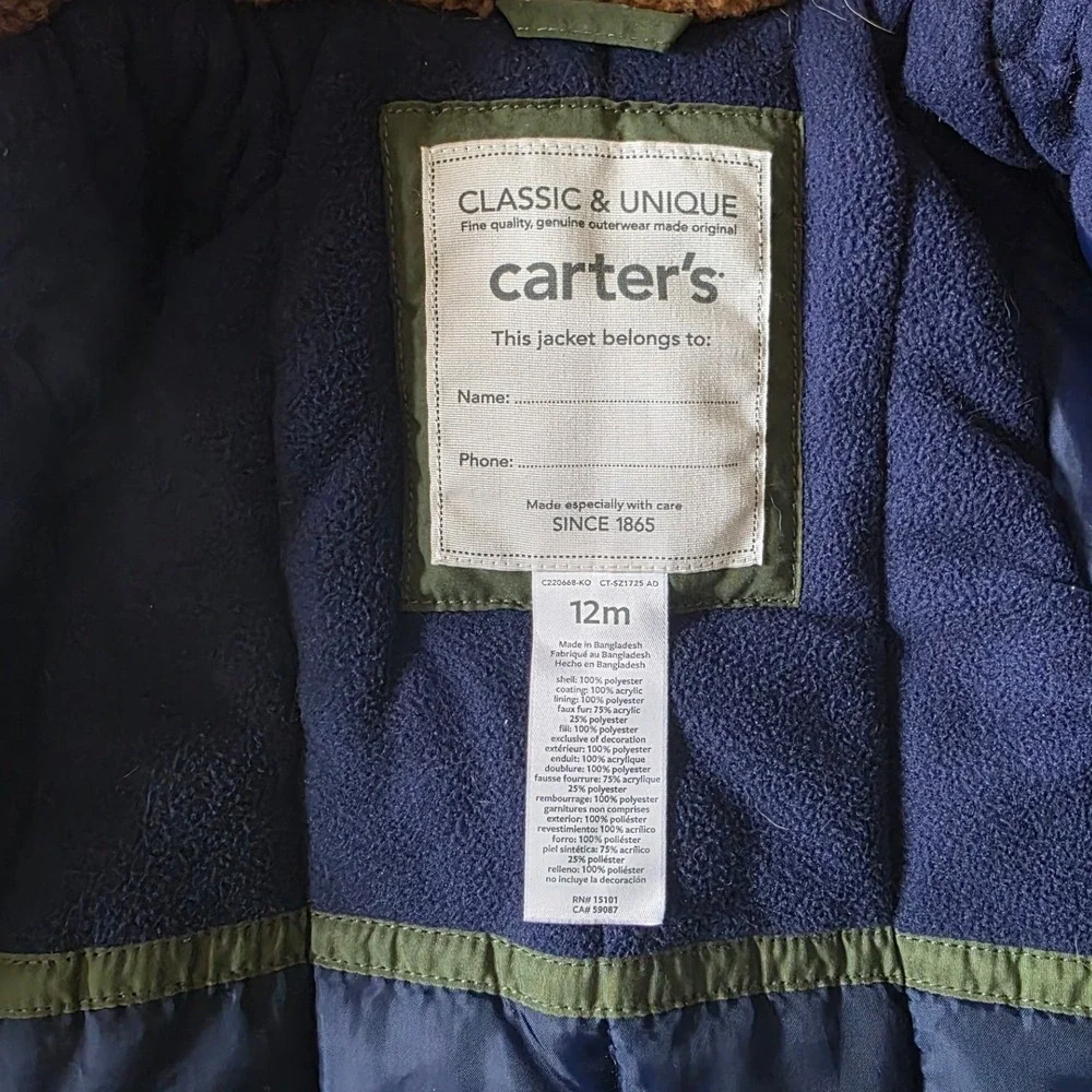 Girls Carter's Kids Olive Green Faux Fur Hooded Winter Parka Jacket 12M